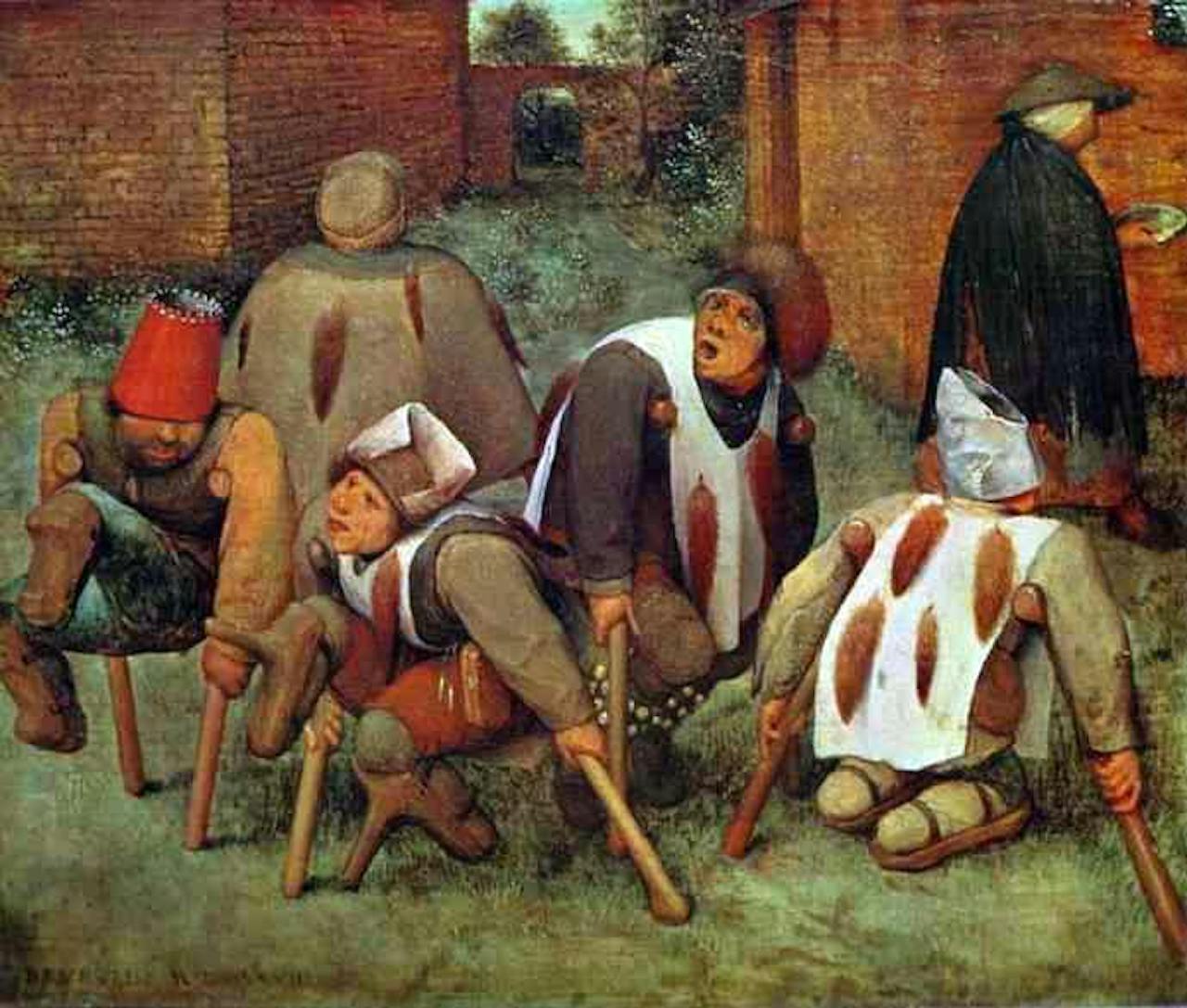 Een schilderij van Pieter Bruegel, The Elder The Cripples. Op de prent is een groep mannen te zien die invalide zijn.