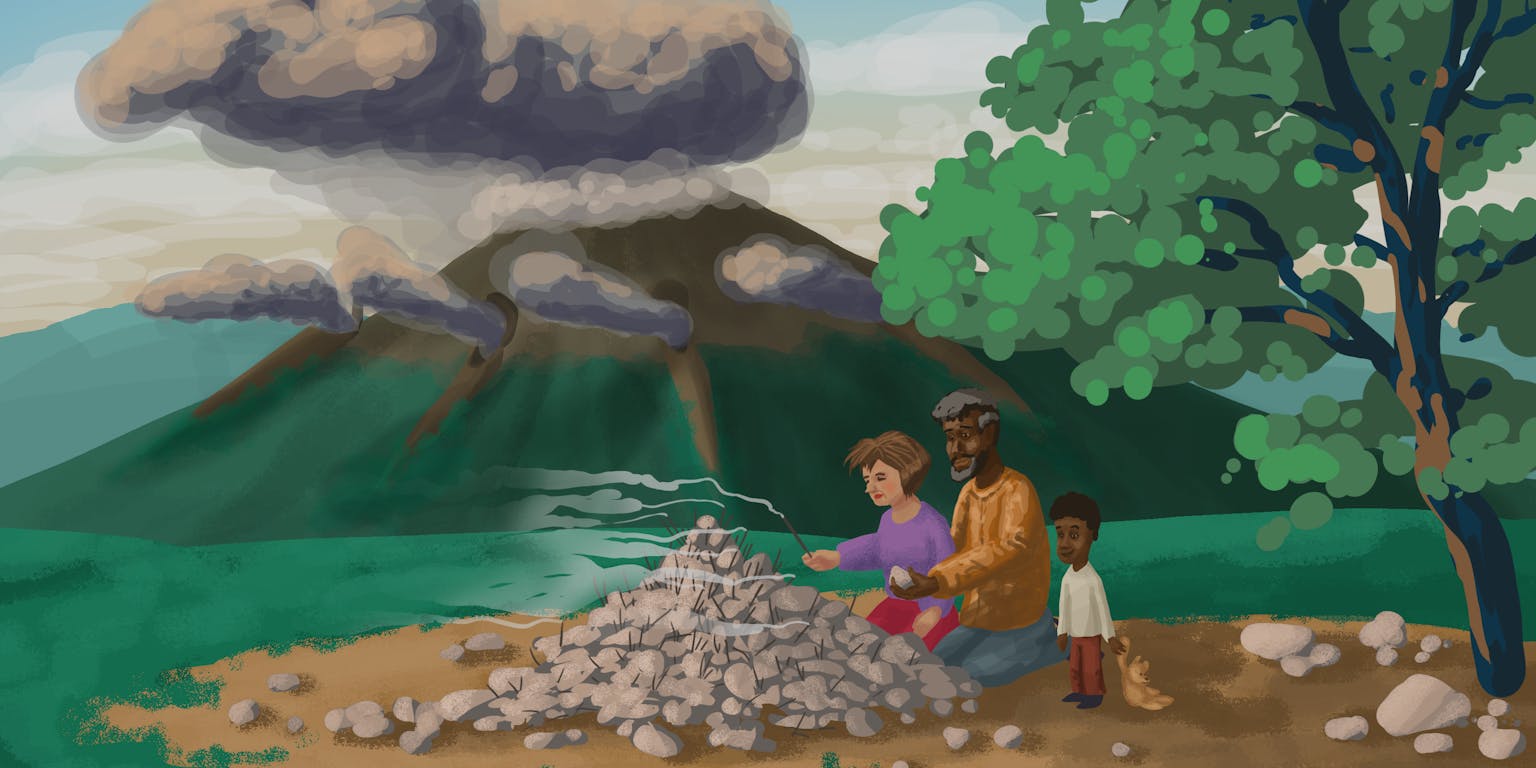 Een vulkaan op de achtergrond met op de voorgrond een vader met twee kinderen bij een stapel stenen.