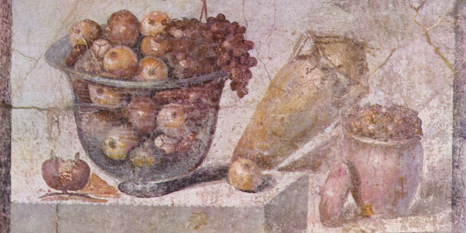 Een tekening van een fruitschaal en vazen uit de eerste eeuw na Christus. Gemaakt in de Italiaanse plaats Pompeii.