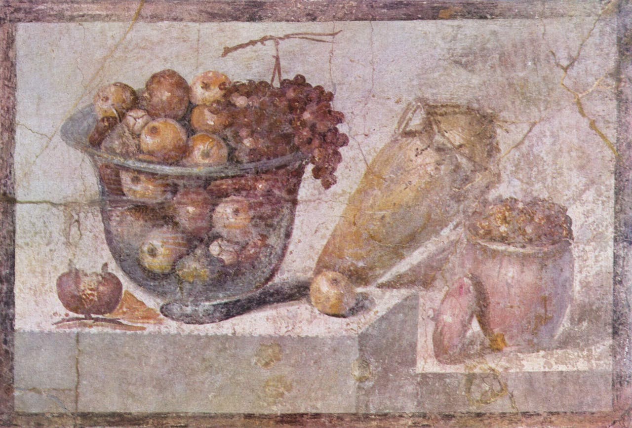 Een tekening van een fruitschaal en vazen uit de eerste eeuw na Christus. Gemaakt in de Italiaanse plaats Pompeii.