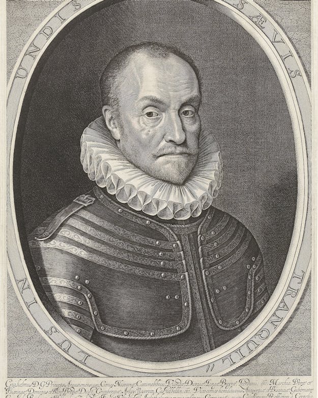 Ook Willem van Oranje was een grote fan van de plooikraag. Hij nam zijn persoonlijke stijfster zelfs mee op veldslagen om goed voor de dag te kunnen komen op het slagveld. Gravure van een portret van Willem van Oranje, in harnas en met plooikraag.