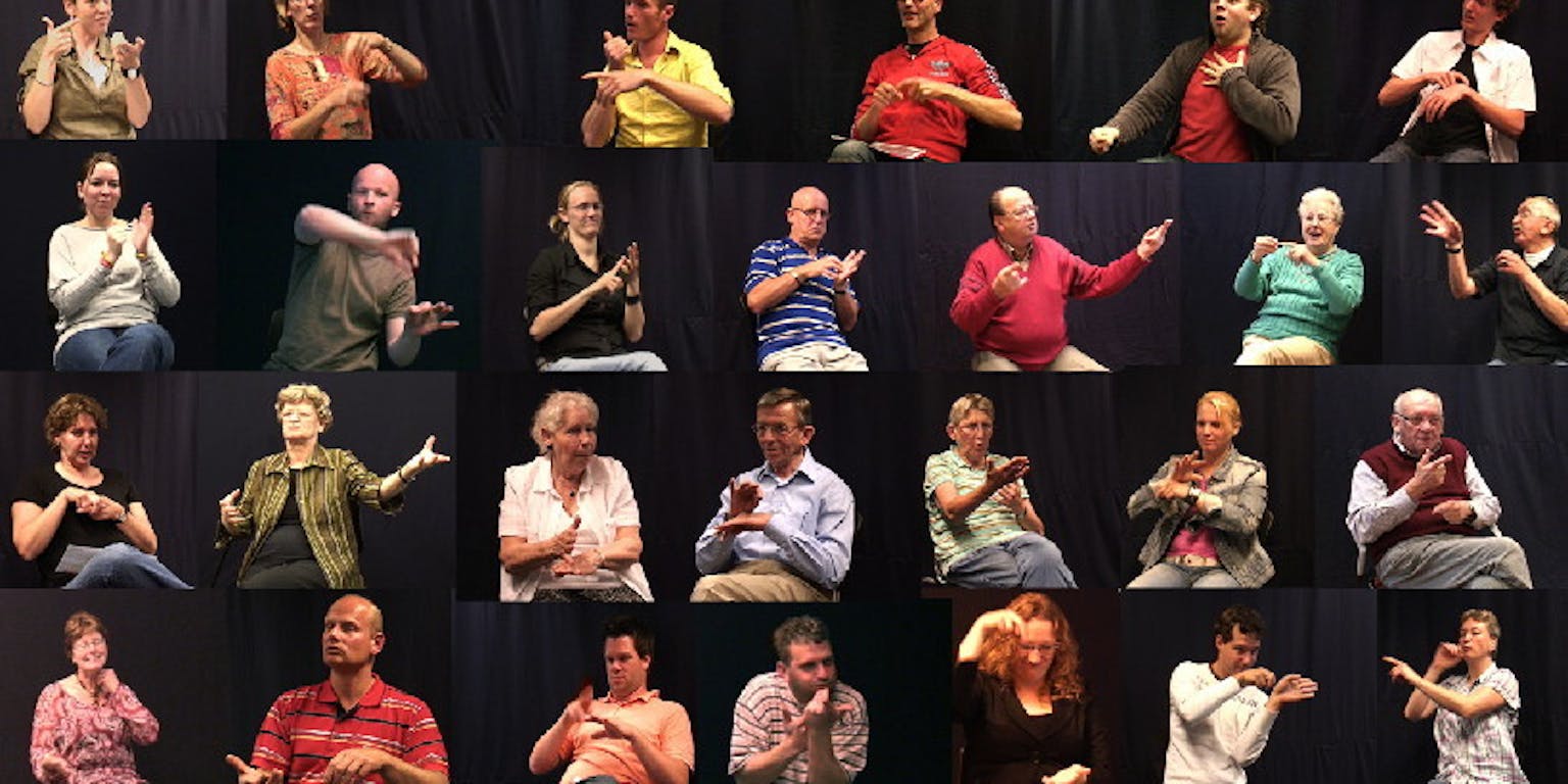 Een collage van mensen in verschillende gebarentaal poses.
