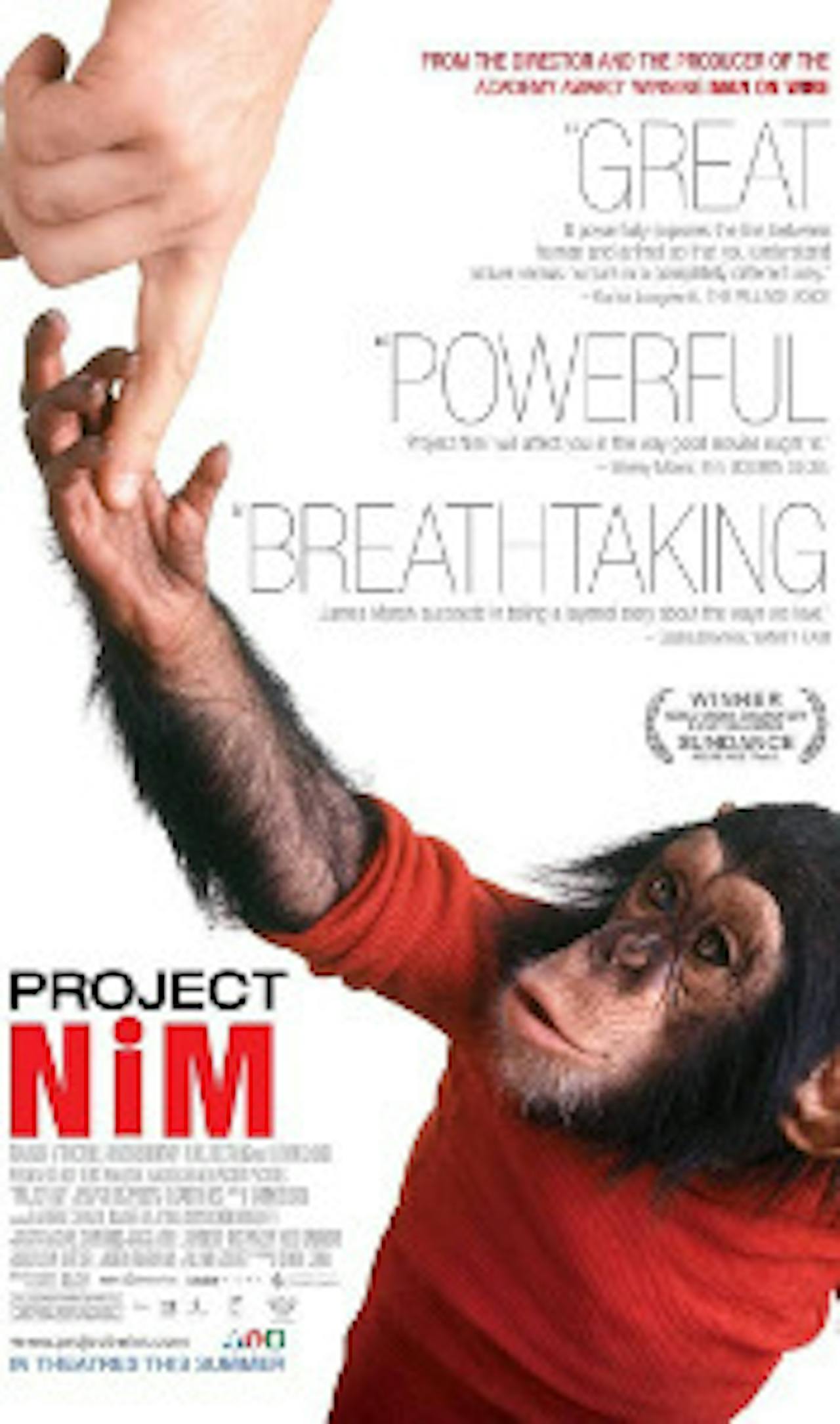 Een poster met chimpansee Nim Chimsky die een hand omhoog houdt.