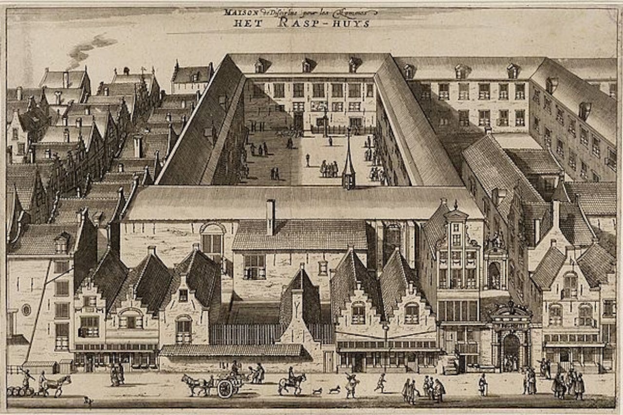 Een oude tekening van het Rasphuis in Amsterdam.