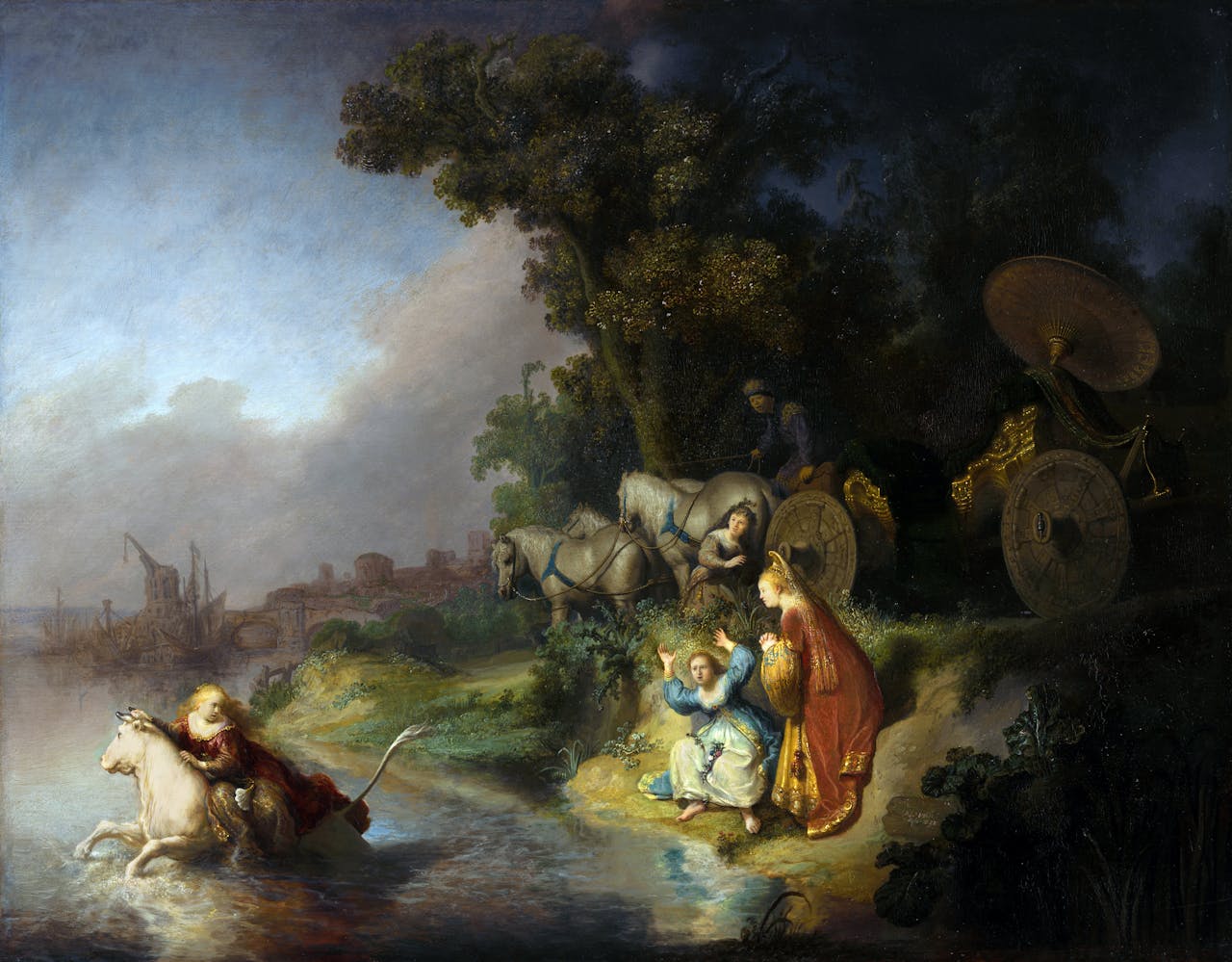 Een schilderij van Rembrandt, gendaamd Abduction of Europa. Meerdere personen en paarden staan bij het water.