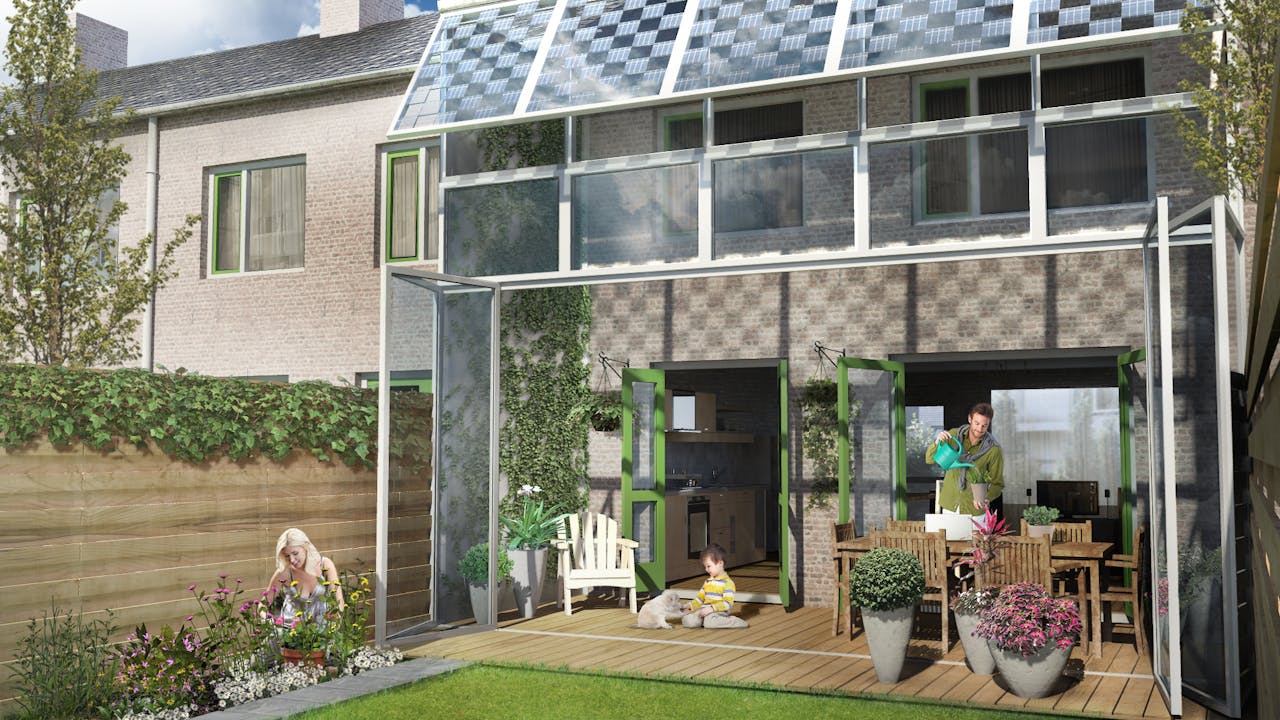 In de zomer staan de deuren van de pui open, waardoor bewoners in de tuin kunnen zitten.