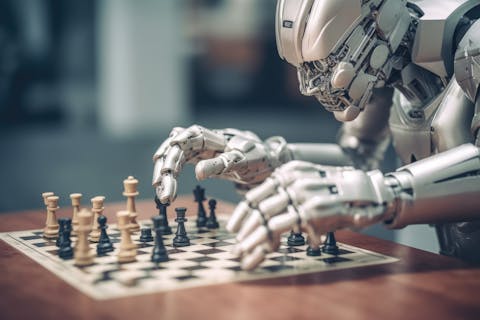 Een schaakcomputer kan schaken, maar weet het daarmee ook wat ‘schaken’ is? AI-gegenereerde foto van een robot die schaakt
