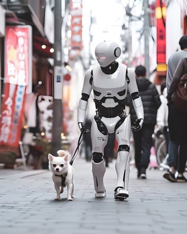 Veel mensen denken aan technologie als het over vooruitgang gaat.  Robot met hond