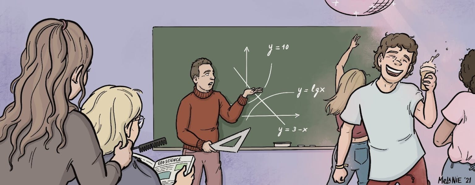 Een cartoon van een docent voor een schoolbord. Op het bord staat een wiskundige formule.