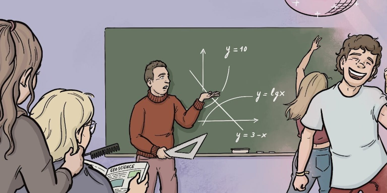 Een cartoon van een docent voor een schoolbord. Op het bord staat een wiskundige formule.