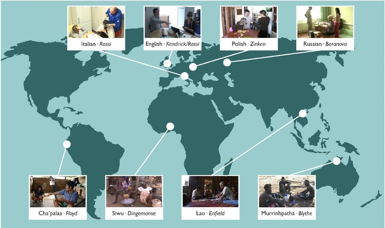 Een wereldkaart met afbeeldingen van mensen waarop de datacollectieplekken zijn aangegeven.