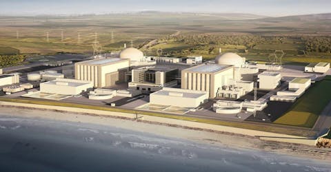 De Britse kerncentrale Hinkley Point C. Luchtfoto van de Britse kerncentrale Hinkley Point C