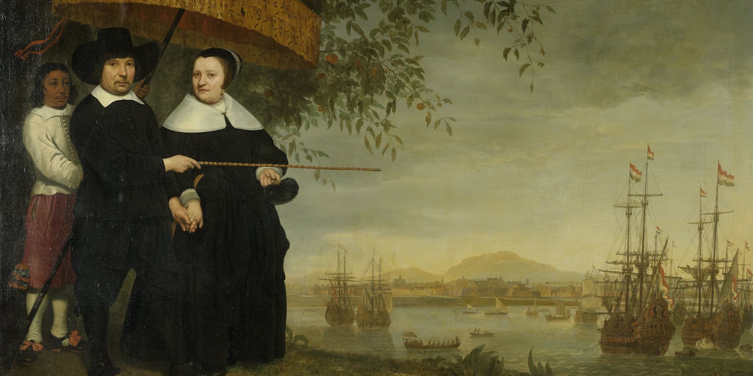 Een schilderij van Albert Cuyp. Een opperkoopman van de VOC en zjin partner met op de achtergrond de retourvloot op de rede van Batavia.