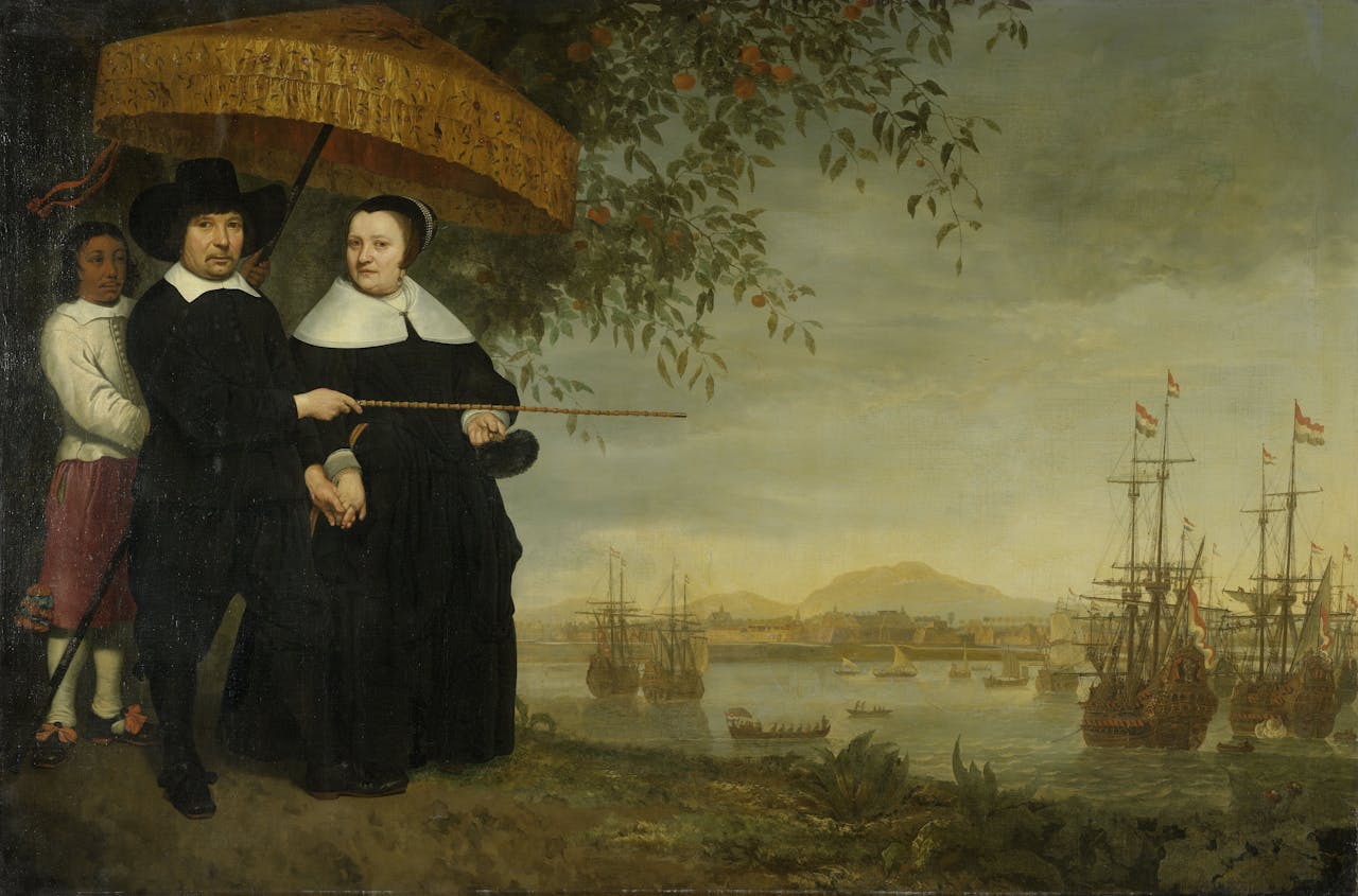 Een schilderij van Albert Cuyp. Een opperkoopman van de VOC en zjin partner met op de achtergrond de retourvloot op de rede van Batavia.