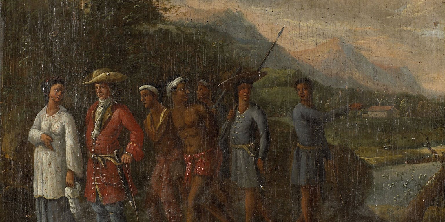 Een schilderij waar een Hollandse koopman met slaven in heuvellandschap zijn afgebeeld.