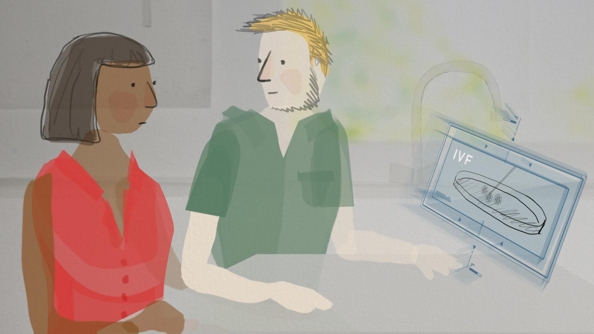 Een illustratie van een man en een vrouw die naar een computer kijken. Op het computerscherm staat IVF.