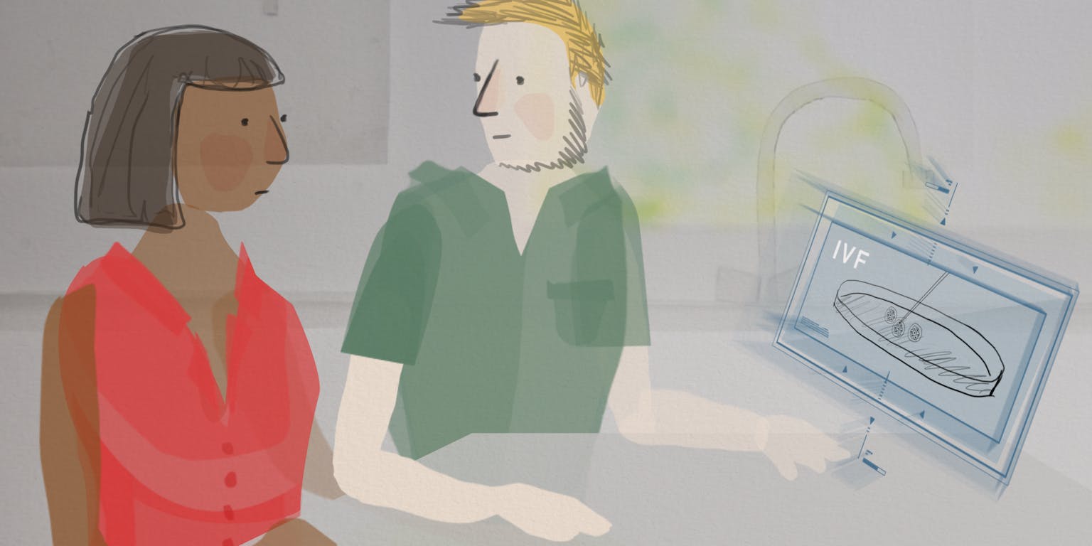 Een illustratie van een man en een vrouw die naar een computer kijken. Op het computerscherm staat IVF.