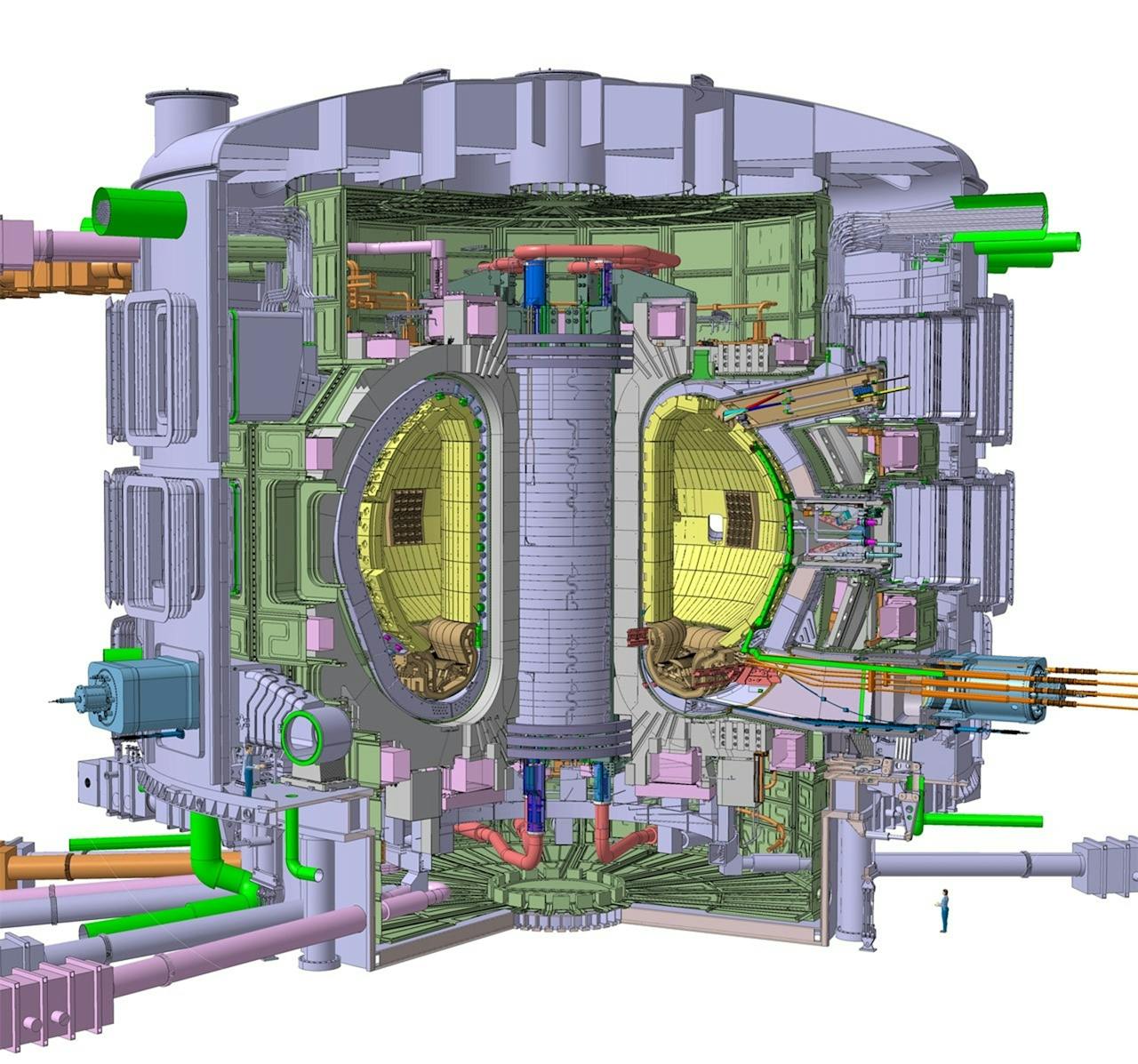 Een illustratie van International Thermonuclear Experimental Reactor. Rond de donutvormige holte zitten de spoelen.