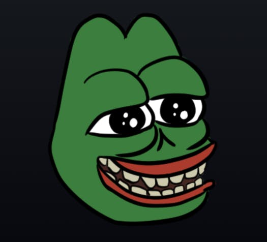 Tekening van het gezicht van een kikker met ogen en mond van een mens genaamd Pepe the frog.