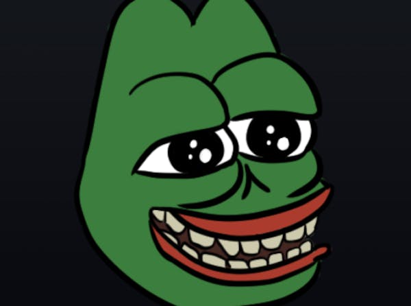 Tekening van het gezicht van een kikker met ogen en mond van een mens genaamd Pepe the frog.