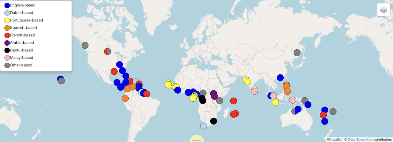 Wereldkaart met creooltalen