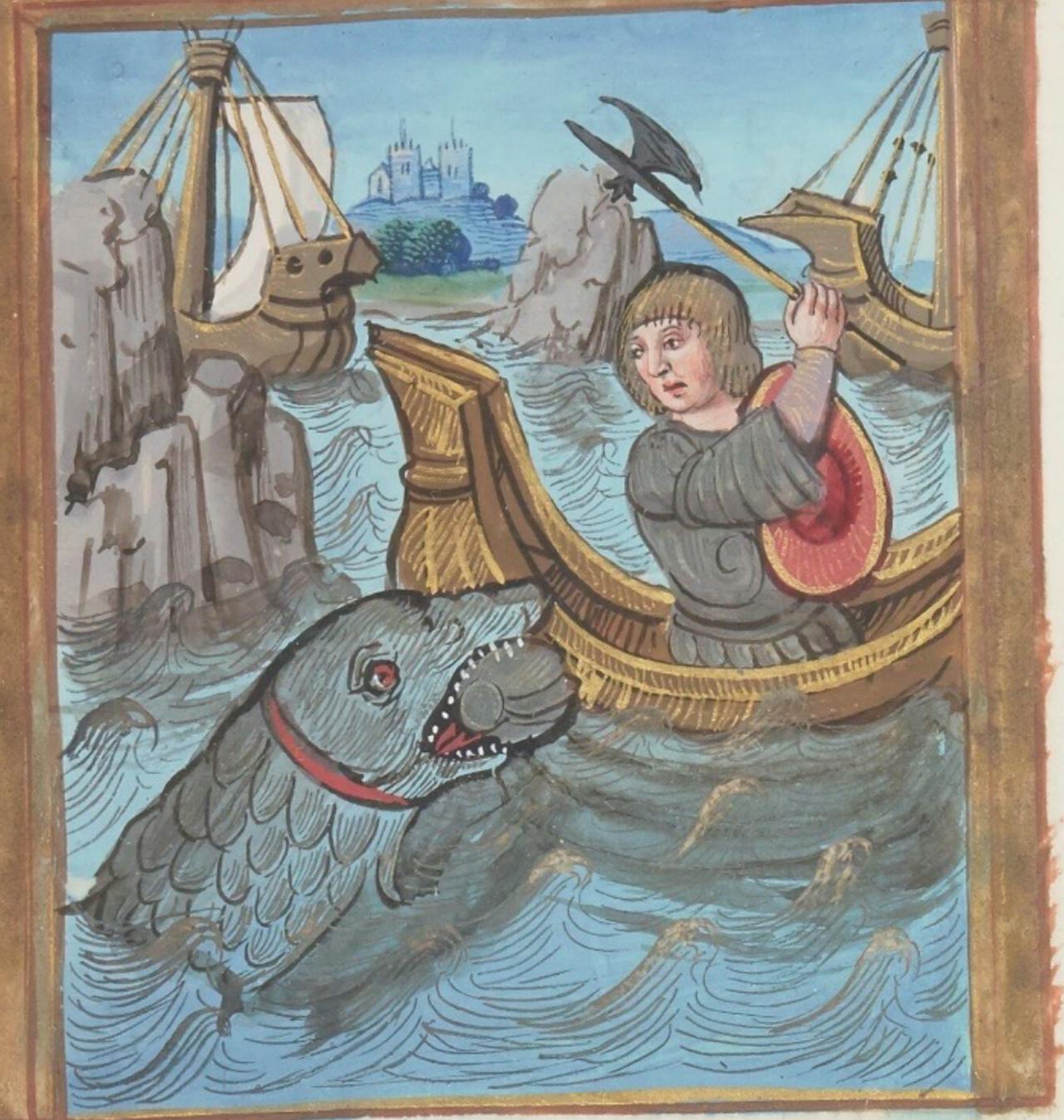 In de vijftiende-eeuwse ridderroman Lion de Bourges laat een ‘duivelse geest in de vorm van een vis’ meer dan tachtig schepen zinken. Lion de Bourges. Parijs: Bibliothèque nationale de France