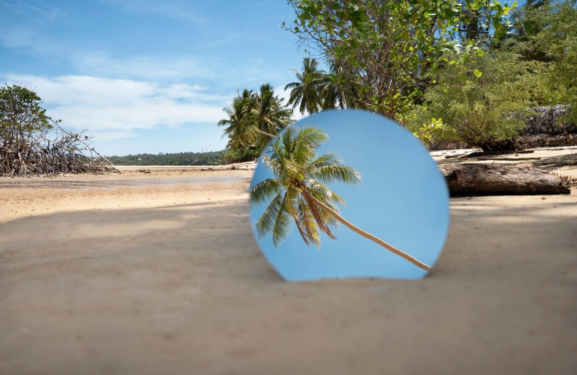 een tropisch strand met palmbomen met de weerspiegeling van een palmboom in een spiegel gevangen