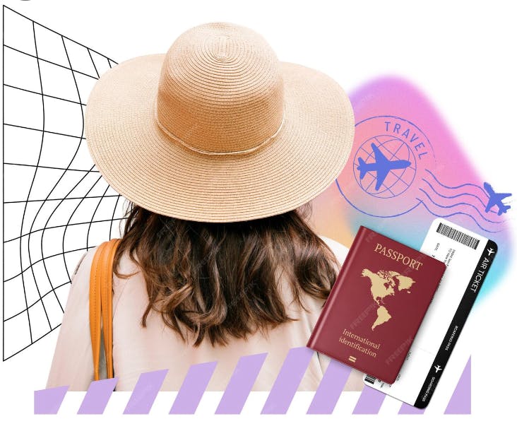 vrouw met hoed en paspoort van achteren gezien in vakantiestemming