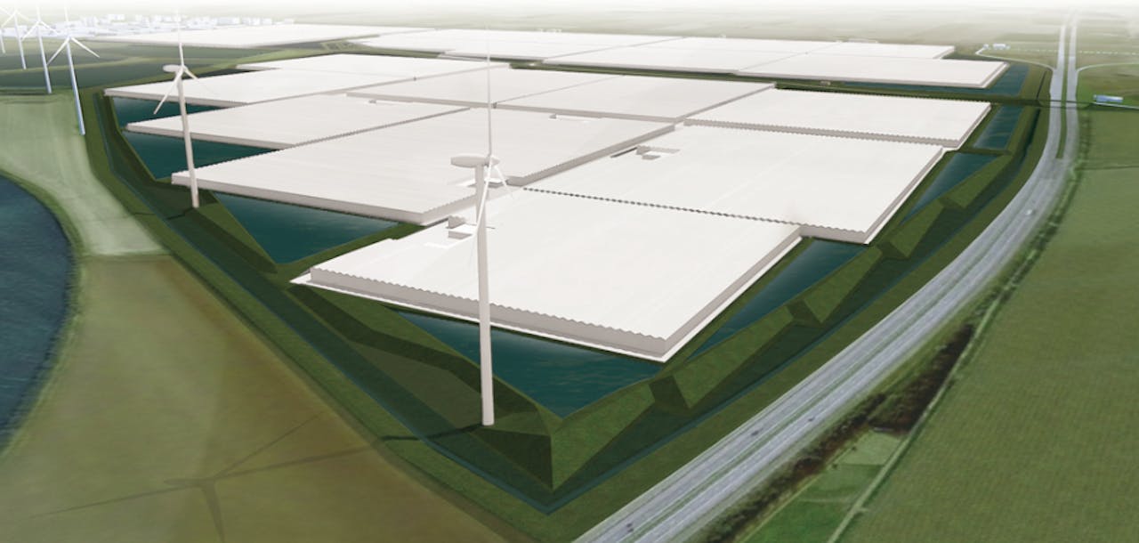 De glastuinbouw van Nieuw Prinsenland met de bassins die gemaakt zijn van de aarde die van de suikerbieten is gespoeld.