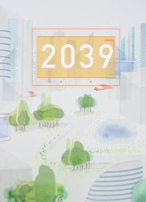 Een tekening van een stad. Het jaartal 2039 is groot uitgelicht in een oranje kader.