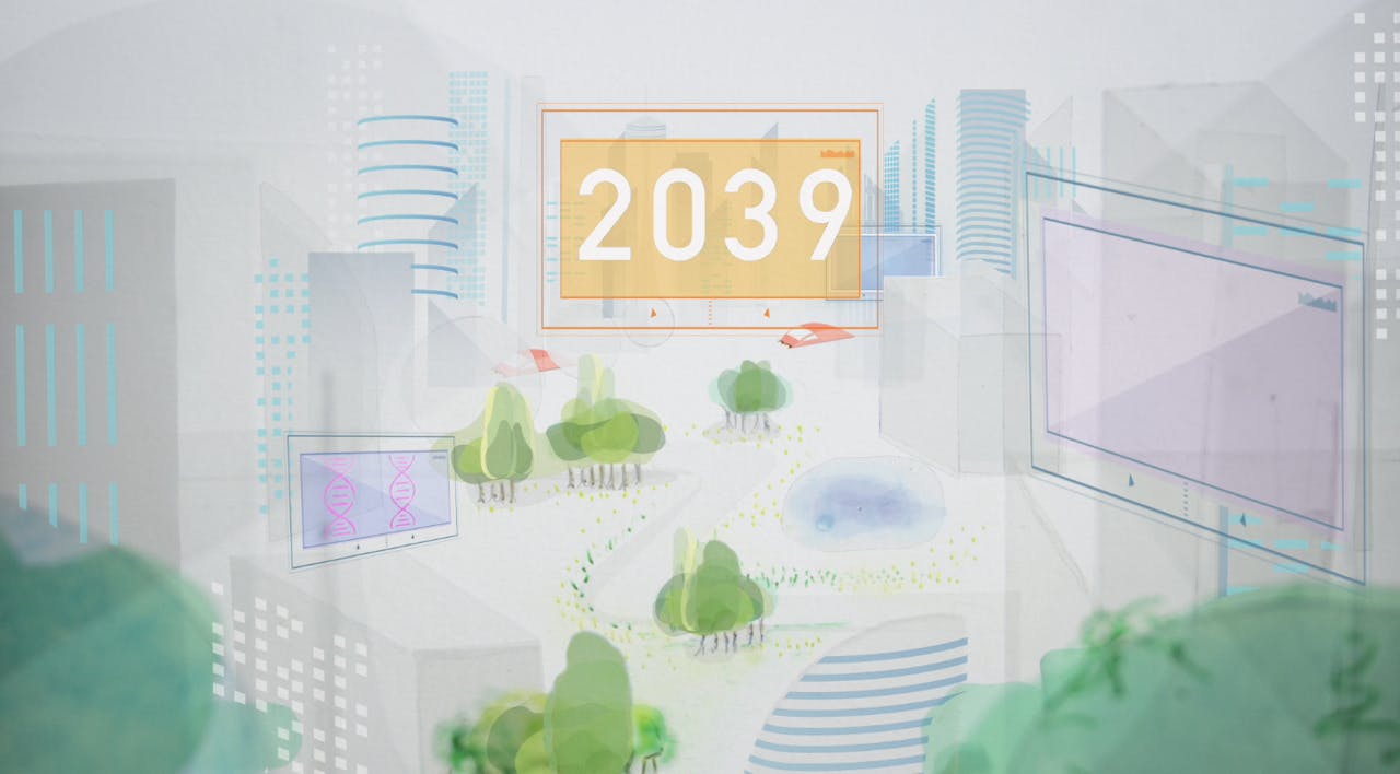 Een tekening van een stad. Het jaartal 2039 is groot uitgelicht in een oranje kader.