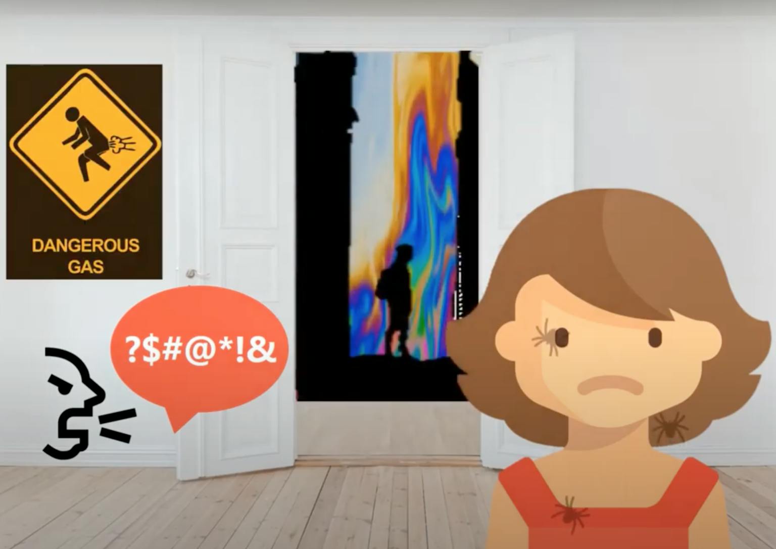 Een cartoon van een in een witte kamer voor een deur met een bord voor gevaarlijk gas en een scheldende emoticon.
