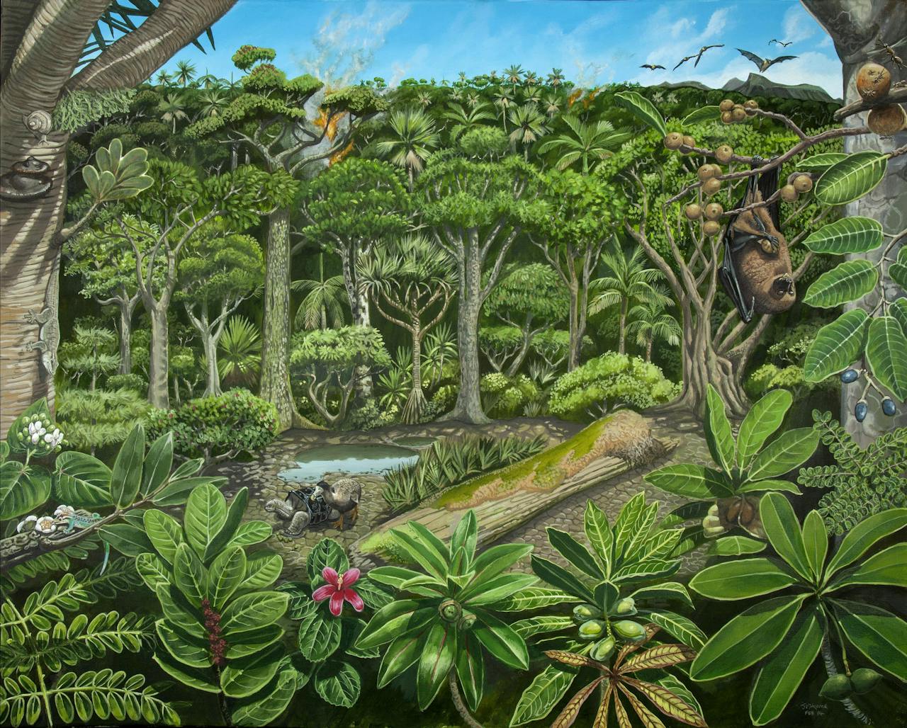 Artist´ impression van Mare aux Songes 4200 jaar geleden. De plantengroei op het schilderij is gebaseerd op onderzoek aan fossiel hout (promotie-onderzoek Tamara Vernimmen, Naturalis Biodiversity Center) en aan stuifmeelkorrels. Klik linksboven voor een vergroting.