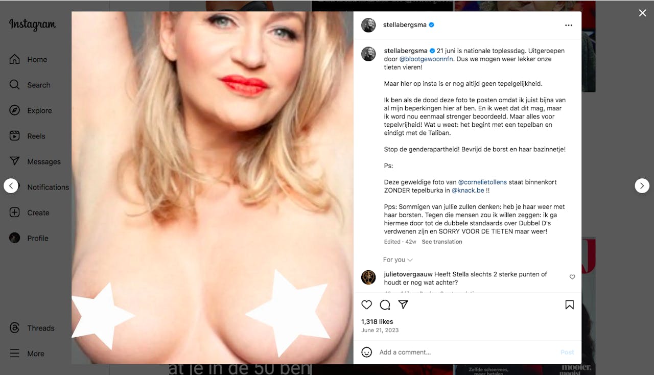 Screenshot van een Instagram-post van Stella Bergsma, die met blote borsten poseert. Over de tepels zijn witte sterren geplakt.