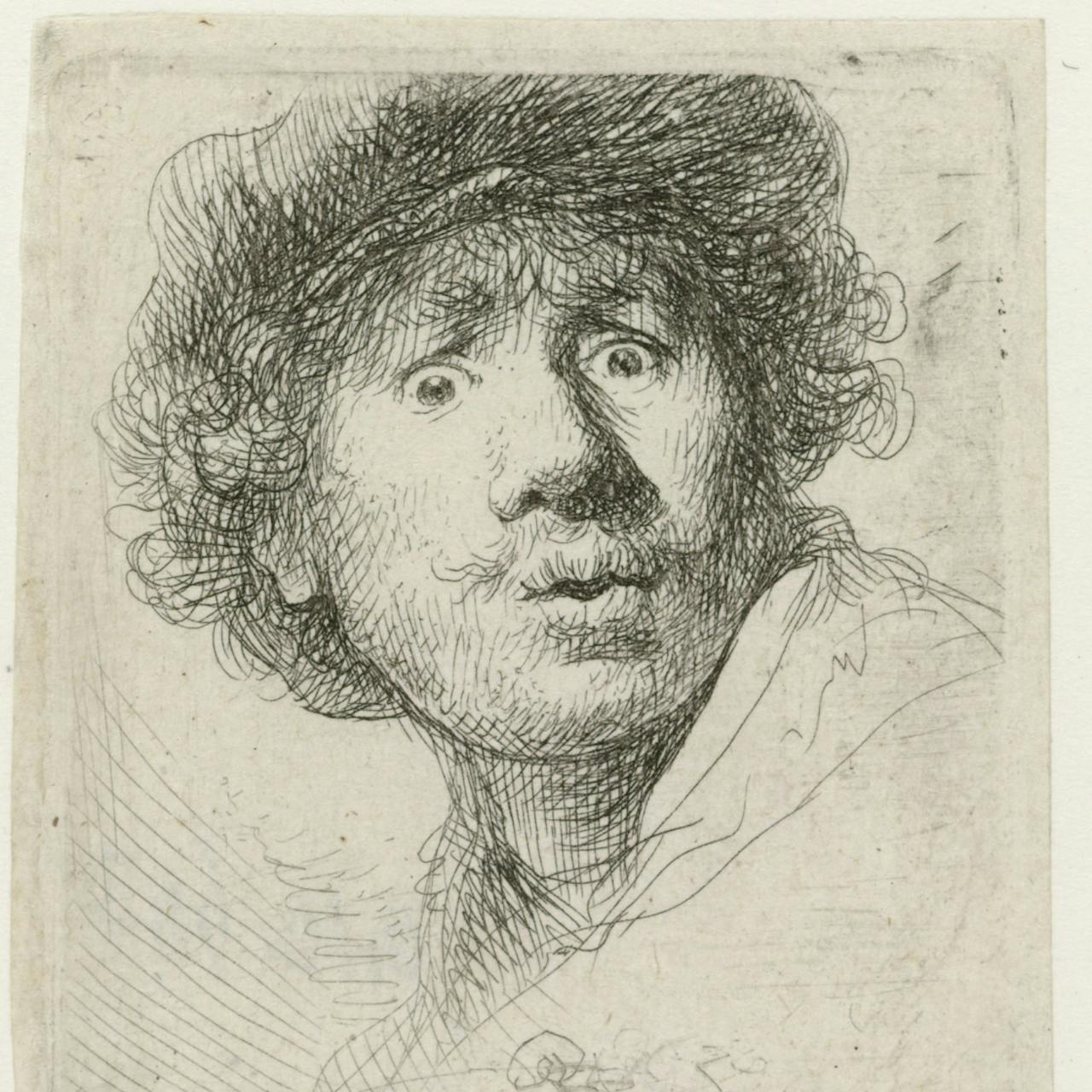 Rembrandt van Rijn, Zelfportret met baret, wijd open ogen en open mond, 1630, 
ets, 50×45 mm. Rijksmuseum Amsterdam: RP-P-OB-697
