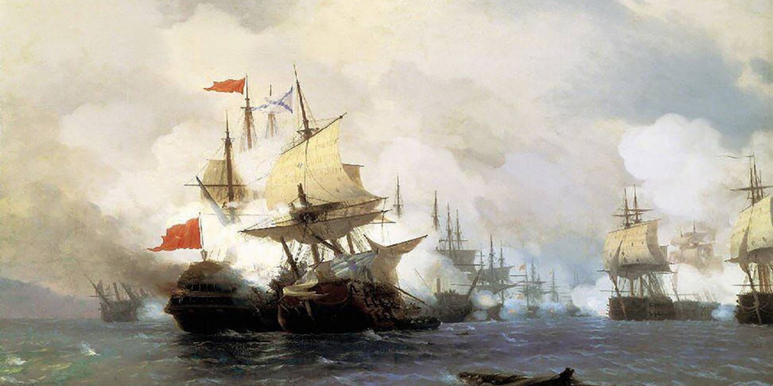 Een schilderij van verschillende schepen in het water.