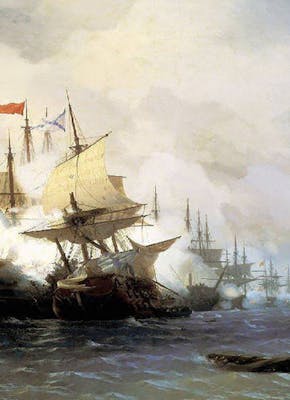Een schilderij van verschillende schepen in het water.