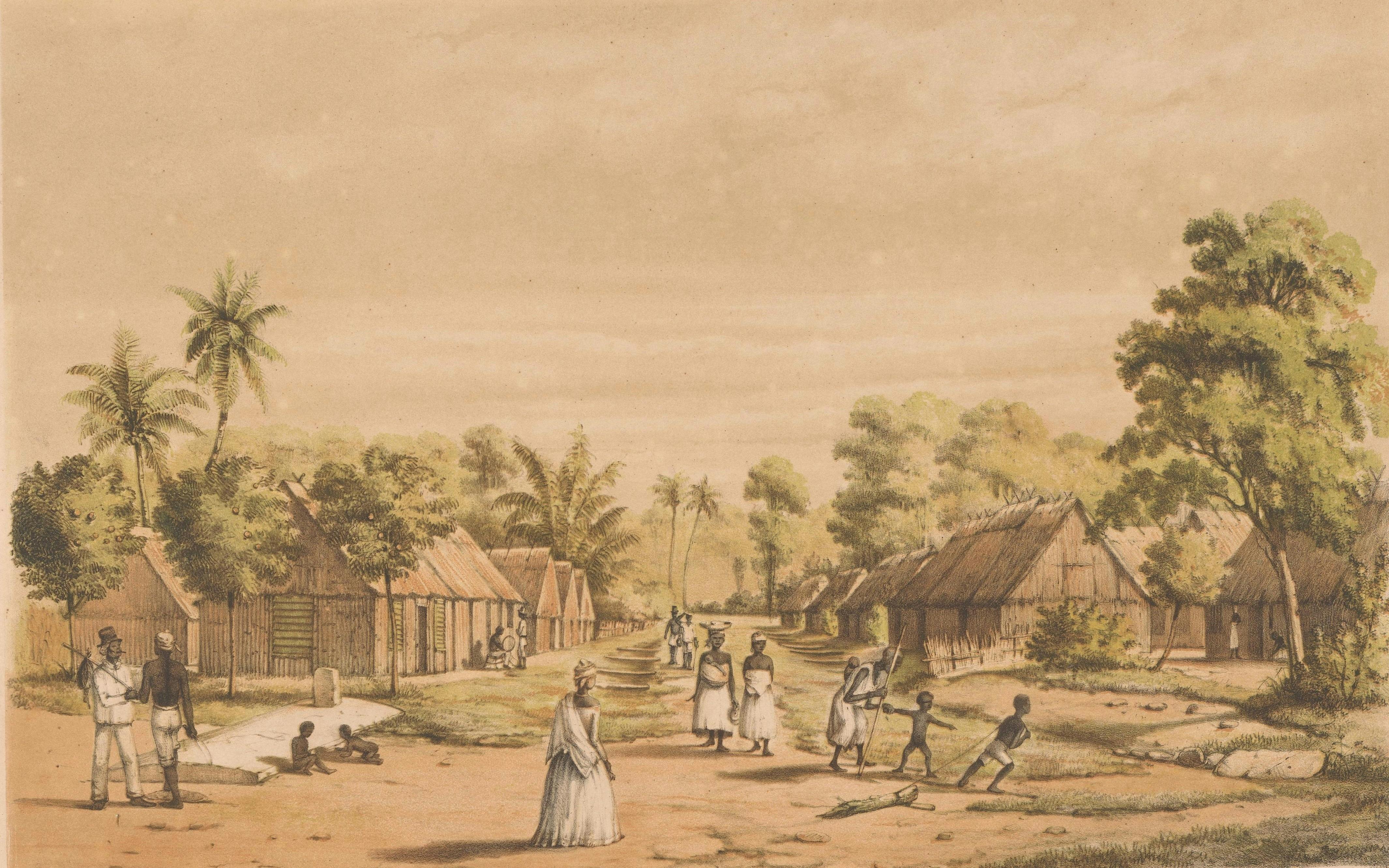 Een tekening uit 1860 van woningen van tot slaaf gemaakten op een Surinaamse plantage.