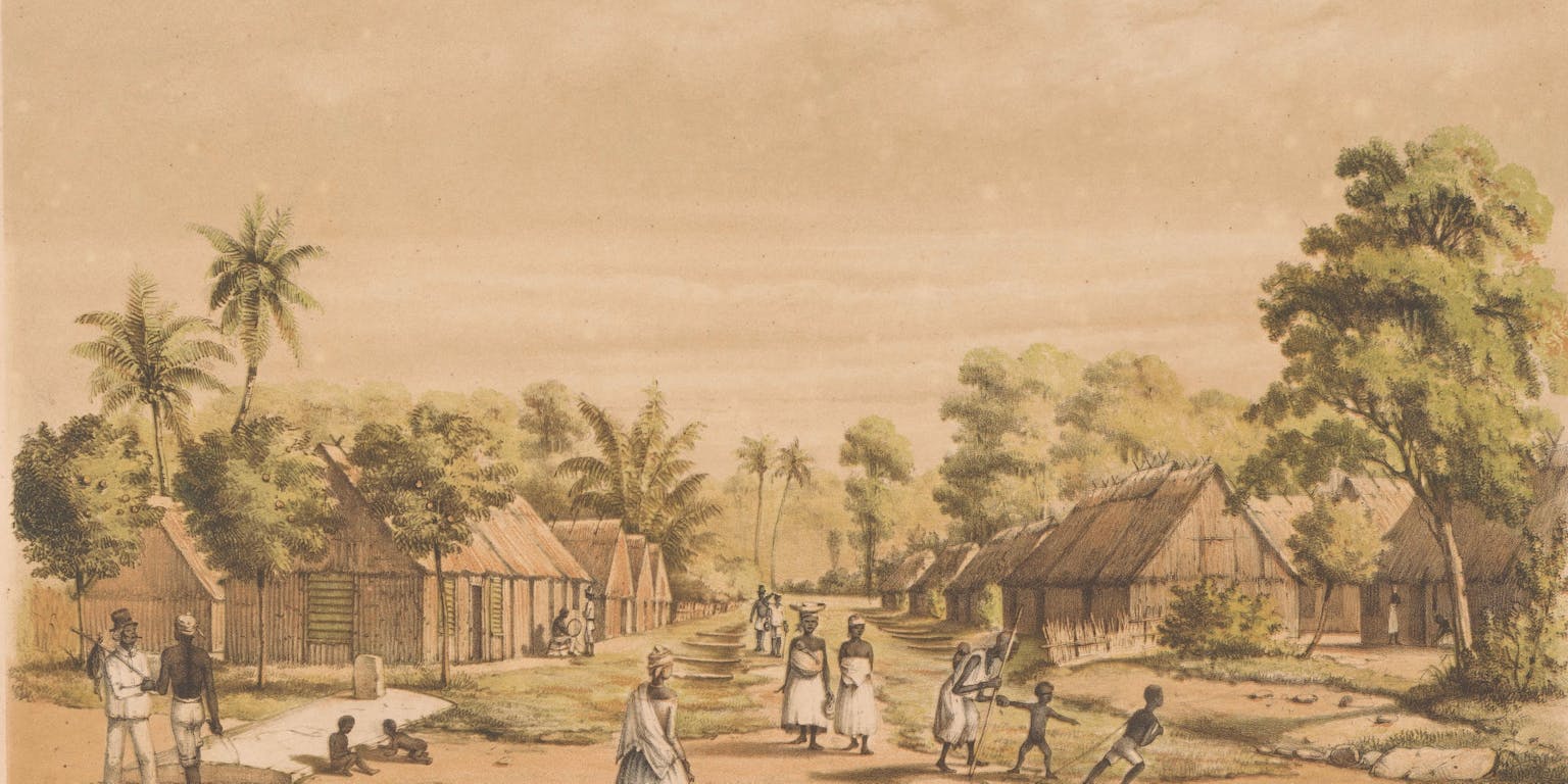 Een tekening uit 1860 van woningen van tot slaaf gemaakten op een Surinaamse plantage.