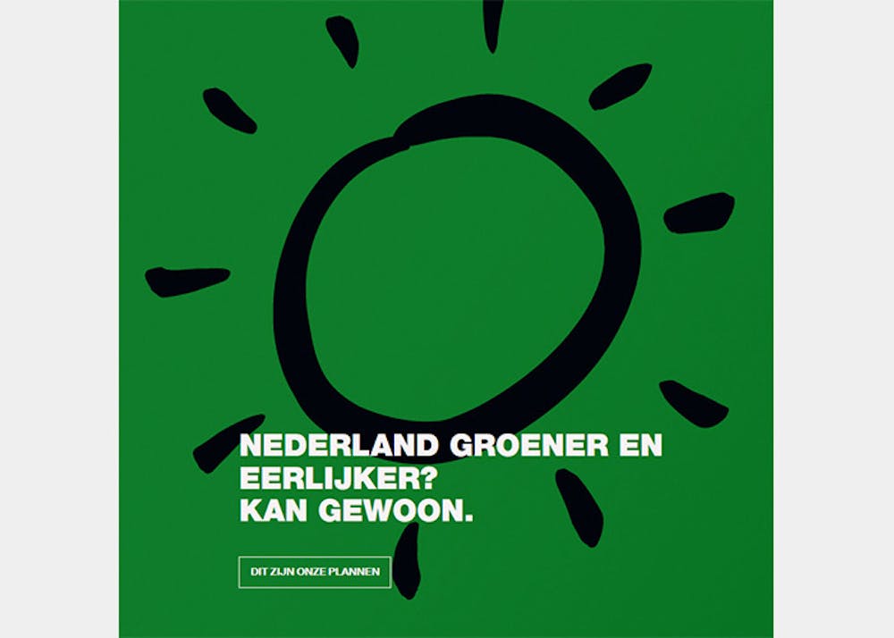 Pamflet van GroenLinks met de tekst 'Nederland groener en eerlijker? Kan gewoon. Dit zijn onze plannen'.