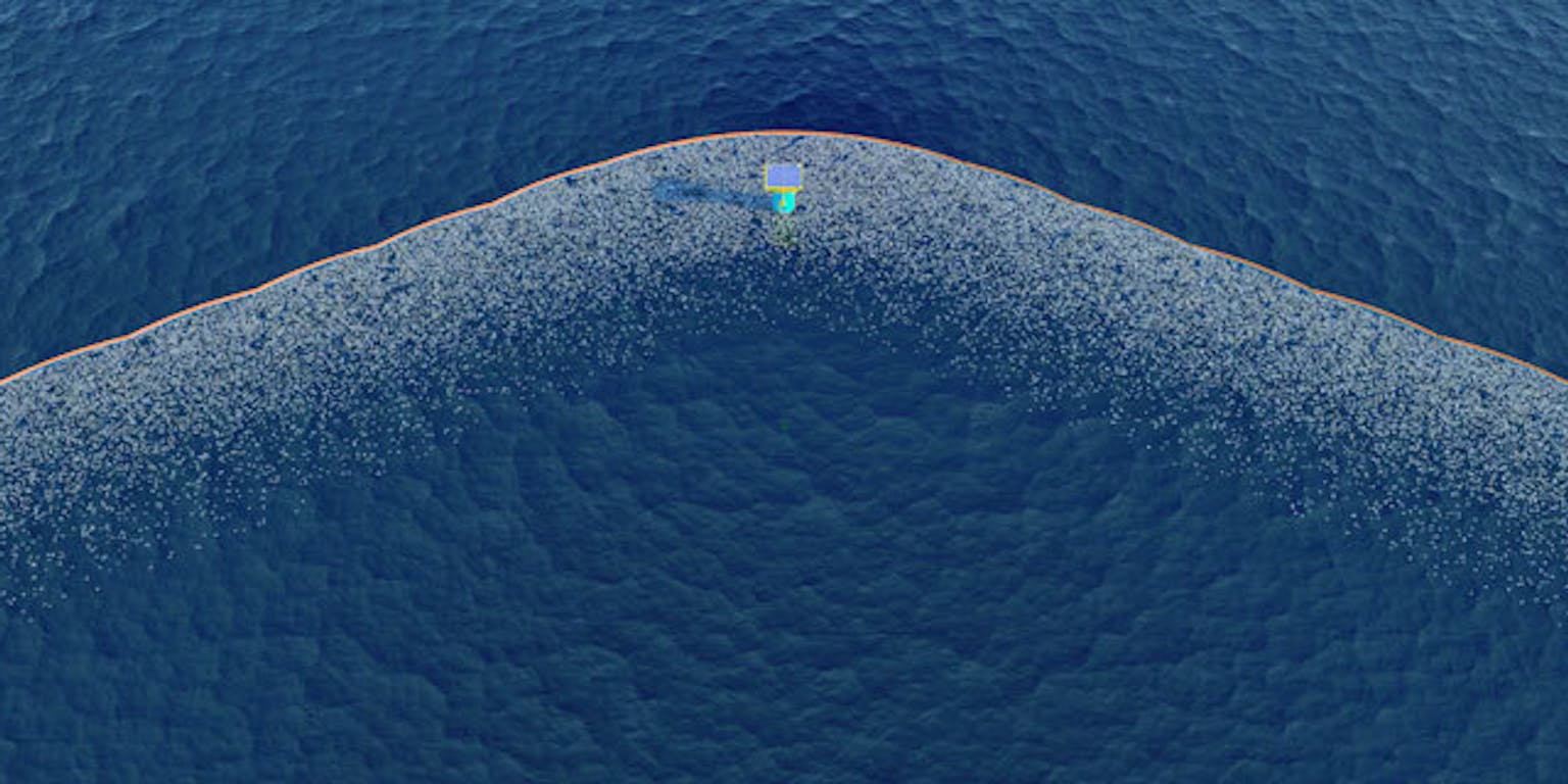 Drijvende constructie op zee die de plastics concentreert, alvorens deze te verwijderen.