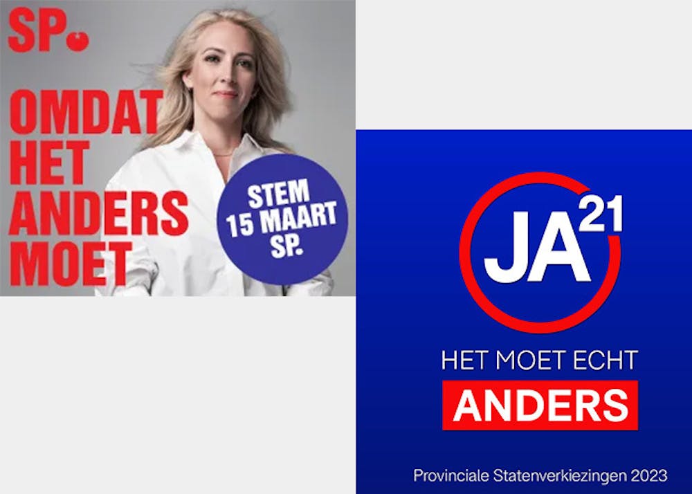 Pamfletten van de politieke partijen SP en JA21. Ze hebben allebei een slogan die zegt 'dat het anders moet'.