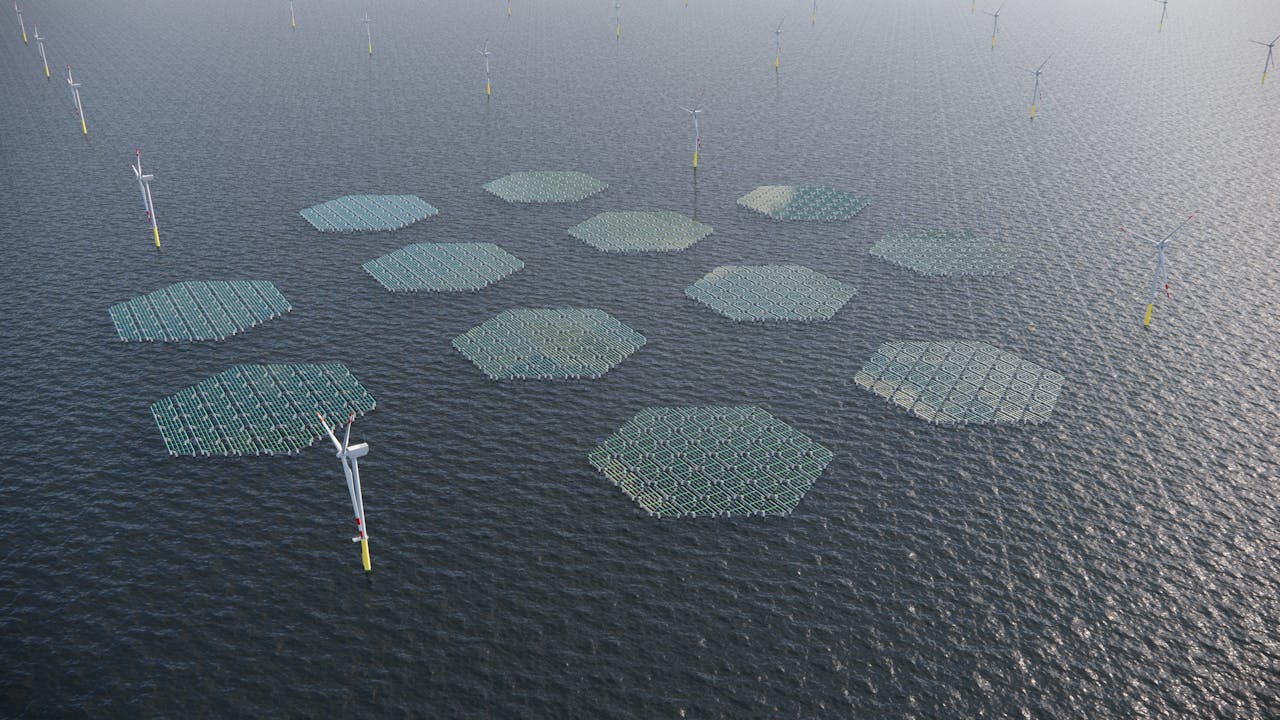 Een luchtfoto van een windmolen en zonnecellen in de oceaan.