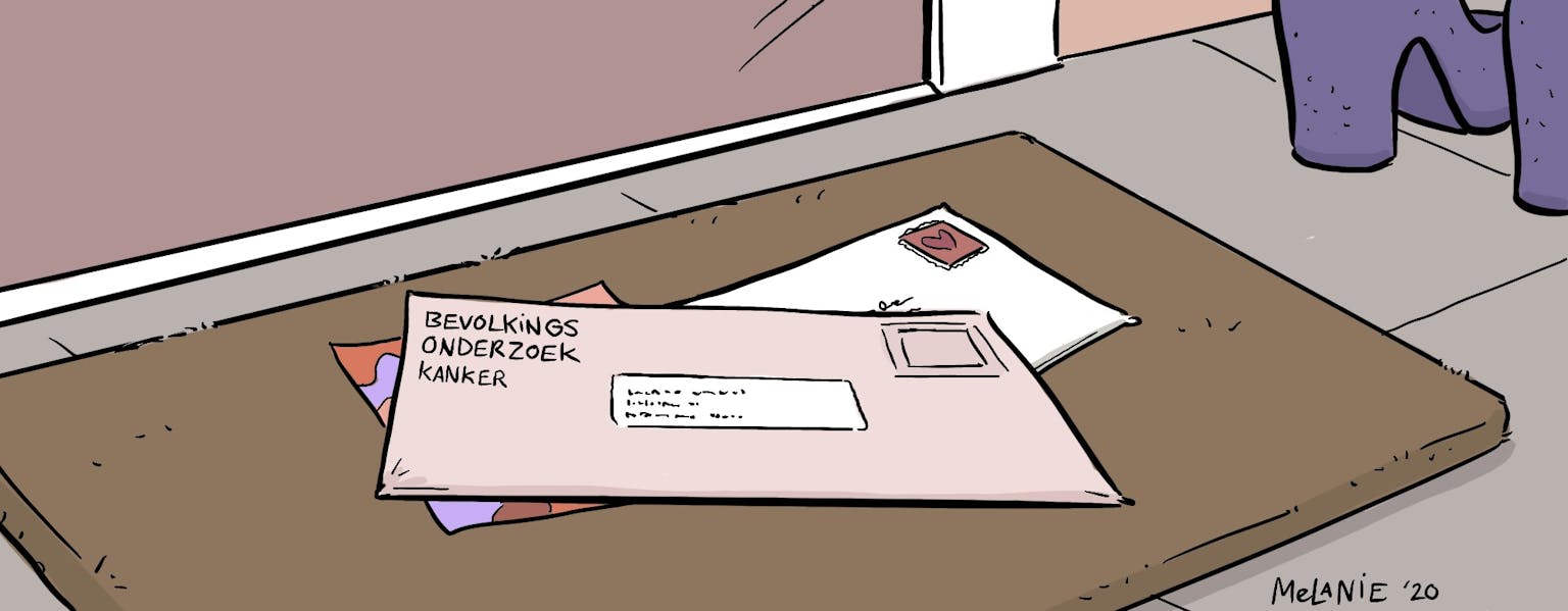Een cartoon van een stapel post op een deurmat. Op de brief staat de tekst: bevolkingsonderzoek kanker.