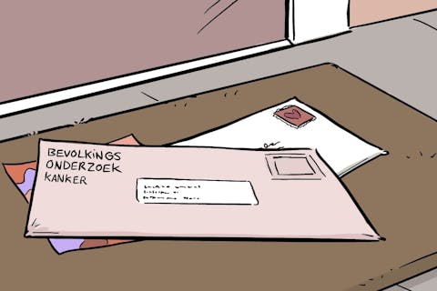 Een cartoon van een stapel post op een deurmat. Op de brief staat de tekst: bevolkingsonderzoek kanker.