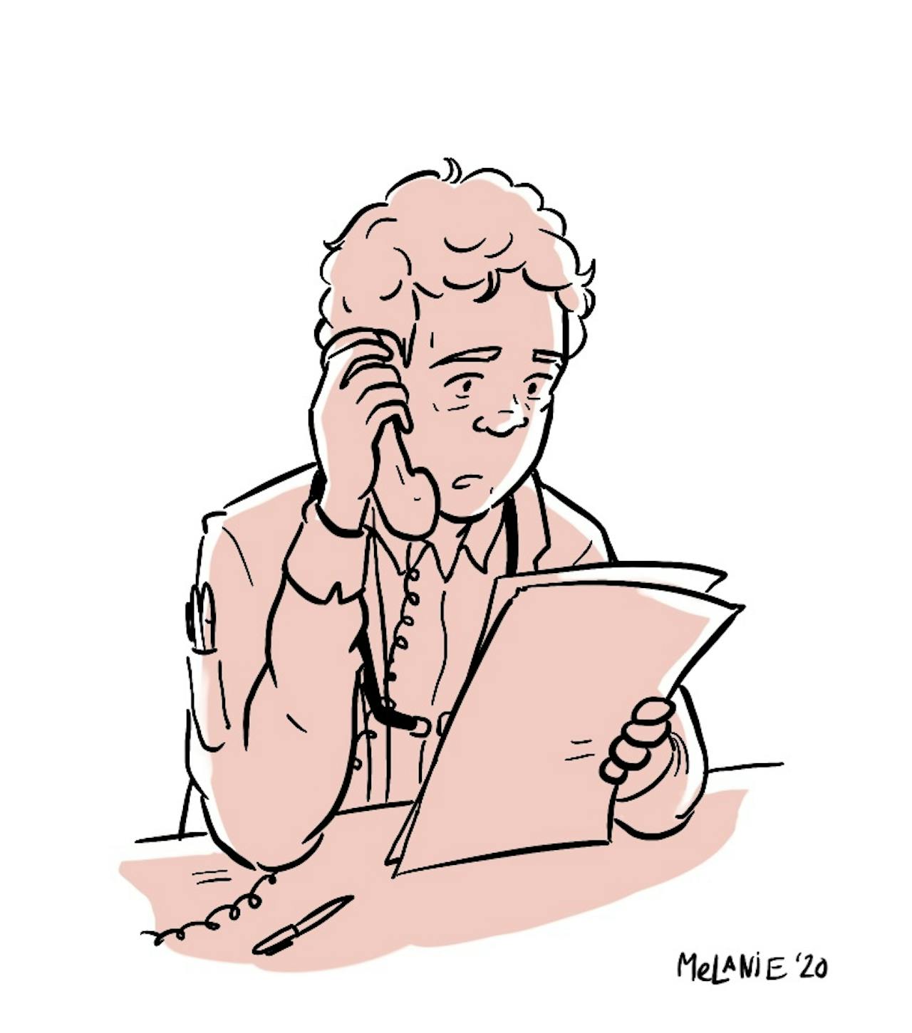 Een cartoon van een persoon die aan de telefoon praat. De persoon heeft een papier in zijn handen.