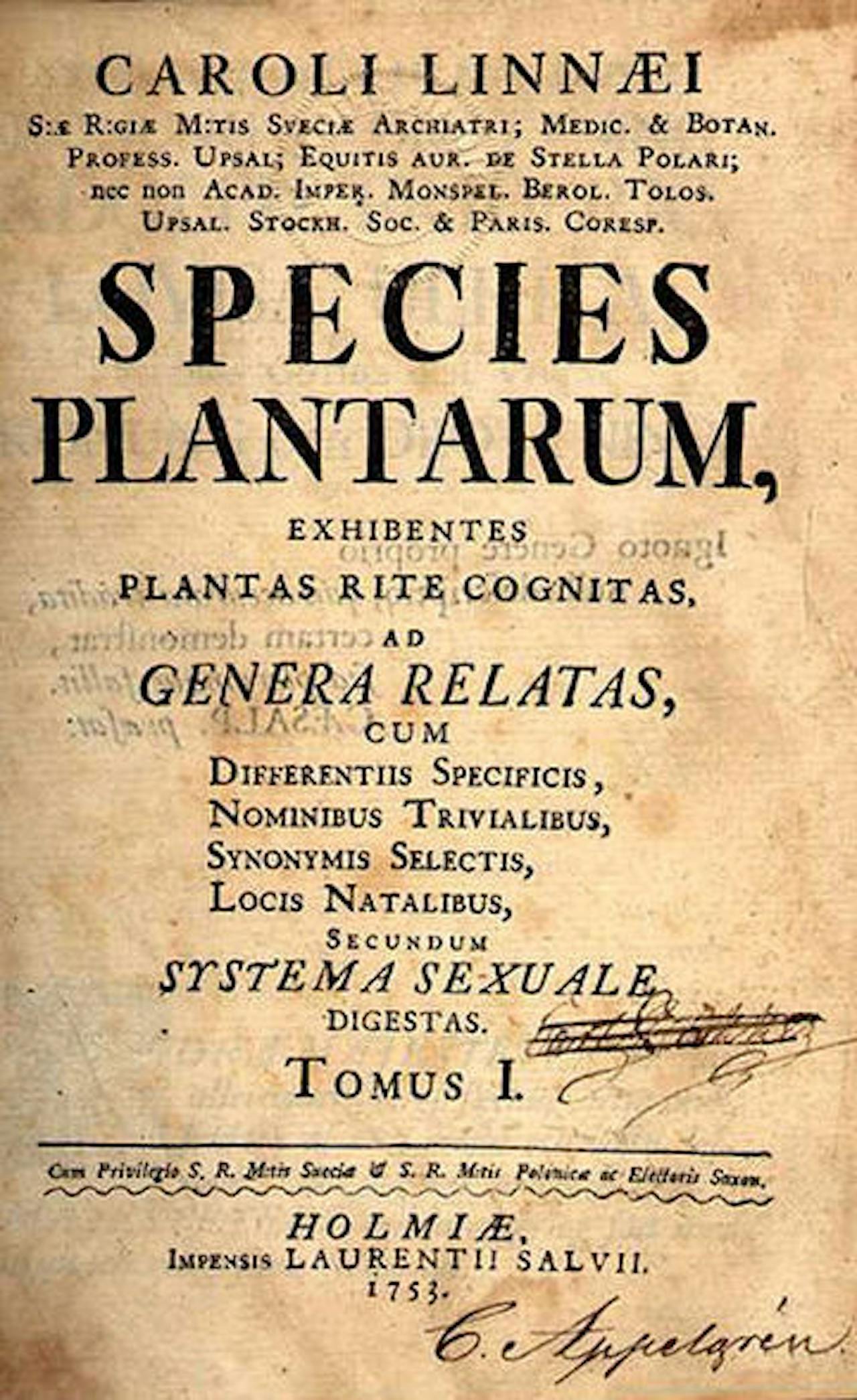 Vergeeld titelblad van Species plantarum.