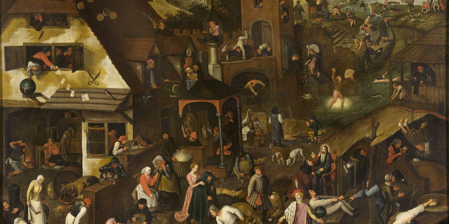Een schilderij van Pieter Brueghel de Jonge. Op het doek is een dorp met mensen te zien.
