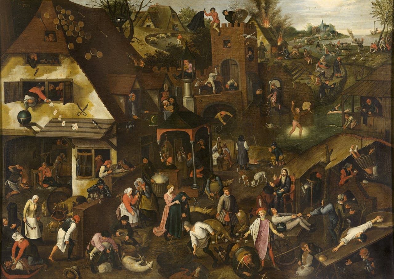 Een schilderij van Pieter Brueghel de Jonge. Op het doek is een dorp met mensen te zien.