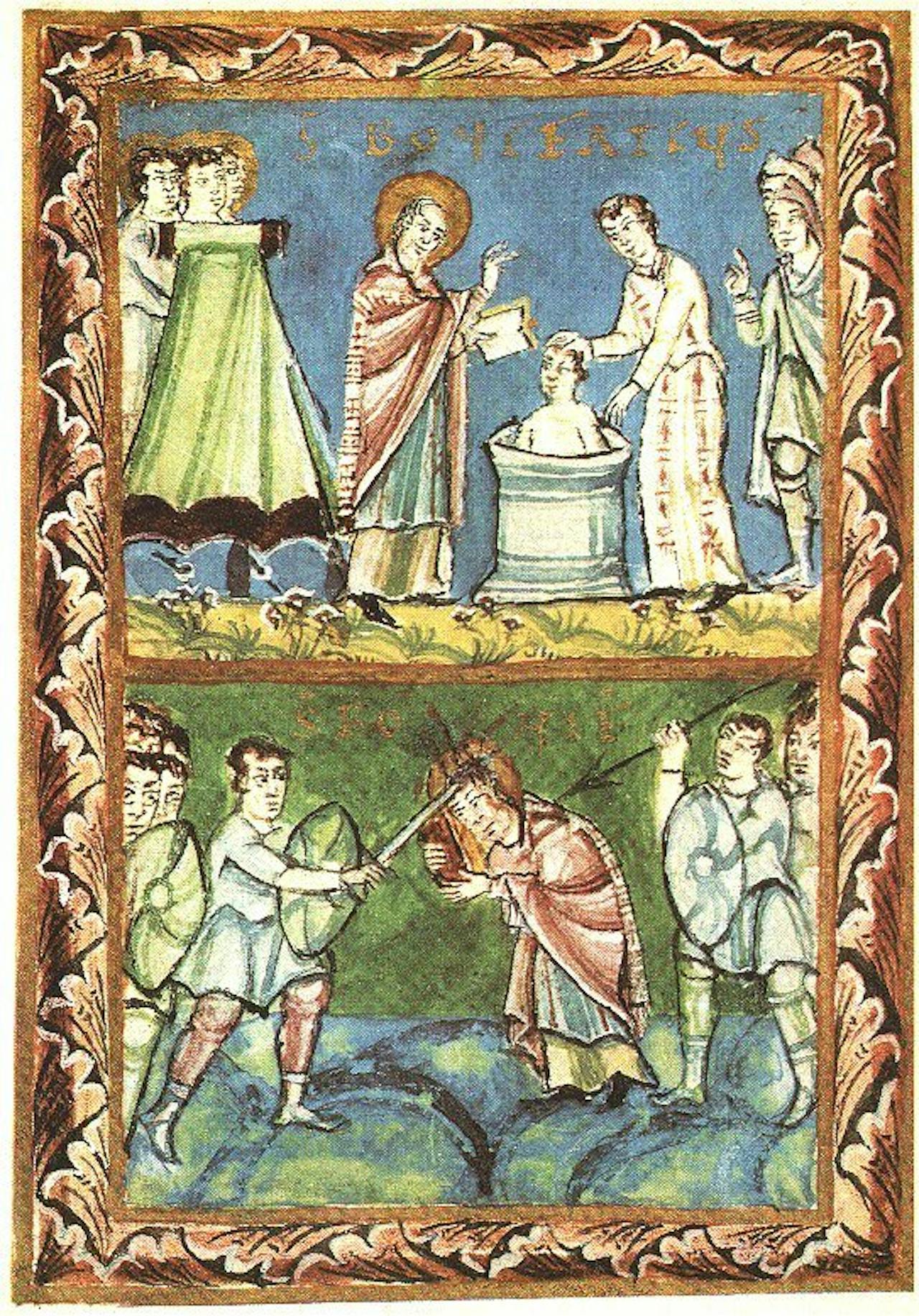 Een tekening uit een Sacramentarium (priesterboek) uit ca. 975. Op de tekening staan St. Bonifatius, het H. Doopsel toedienend (boven) en zijn marteldood (onder)